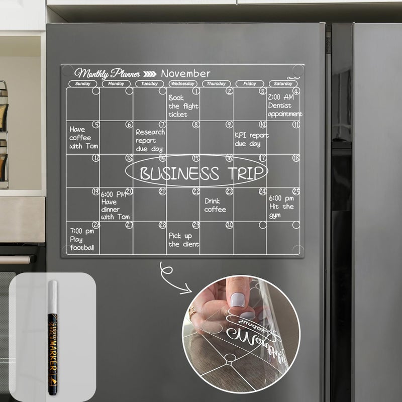 Clever Clean Clear Non-Magnetic Monthly Calendar for Fridge - Dry Erase Transparent Monthly Calendar - Sticks to Wall  Glass  Door  Any Smooth Surfaces - Image 1